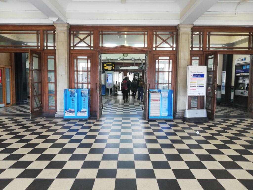 Striking floor tile design at Hendon Central Tube Station